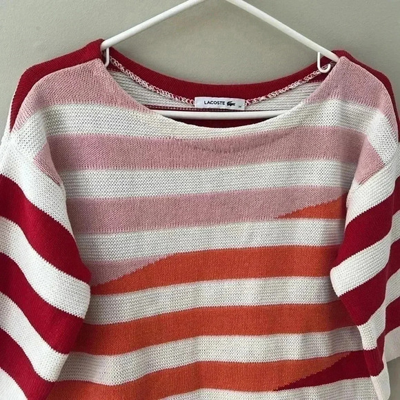 [34/S]Lacoste Red/Pink Mixed Colours Linen Blend Knit Mid Sleeve Scoop  Sweater - Picture 3 of 10